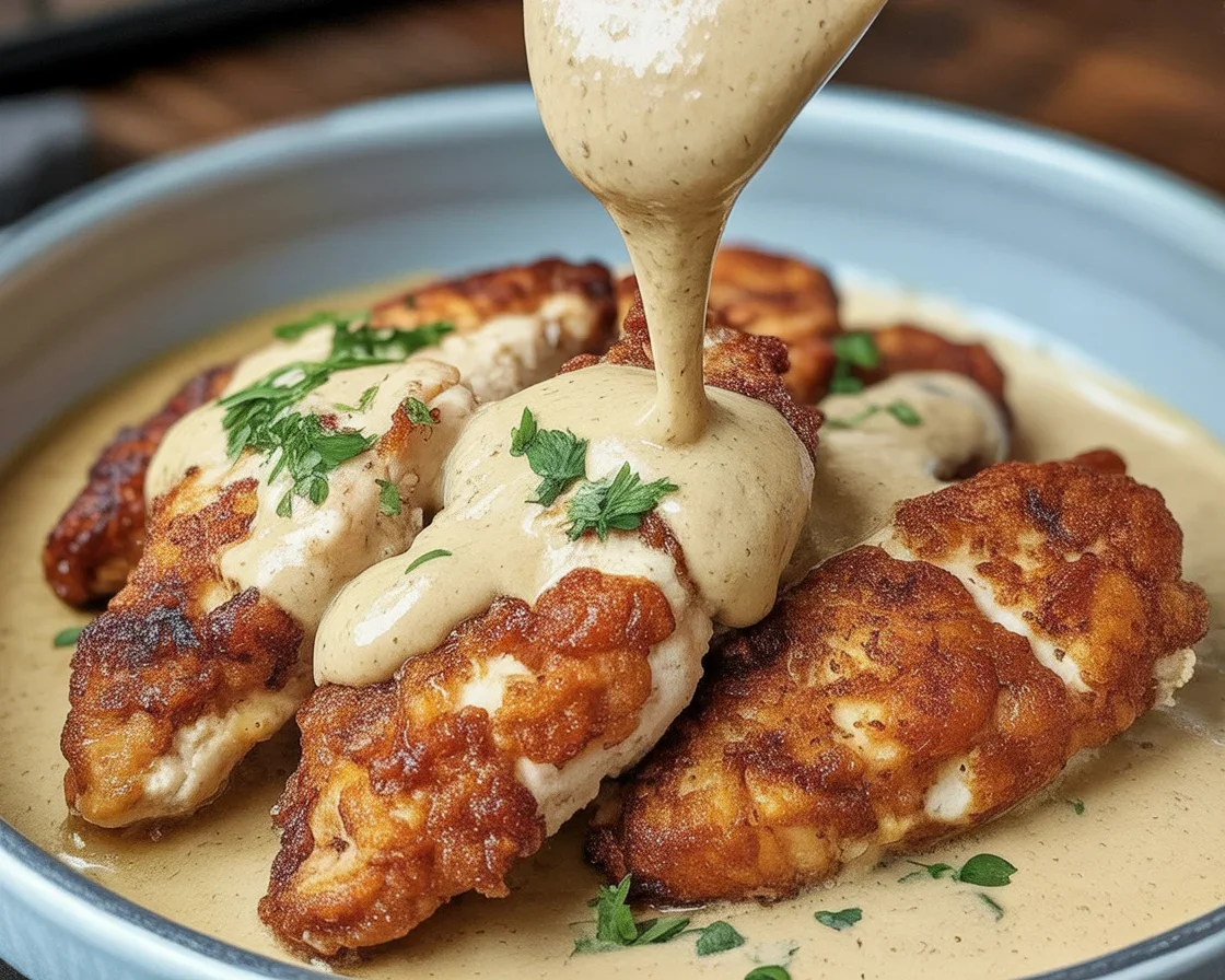 Parmesan Crusted Chicken with Creamy Garlic Sauce served on a plate with herbs.