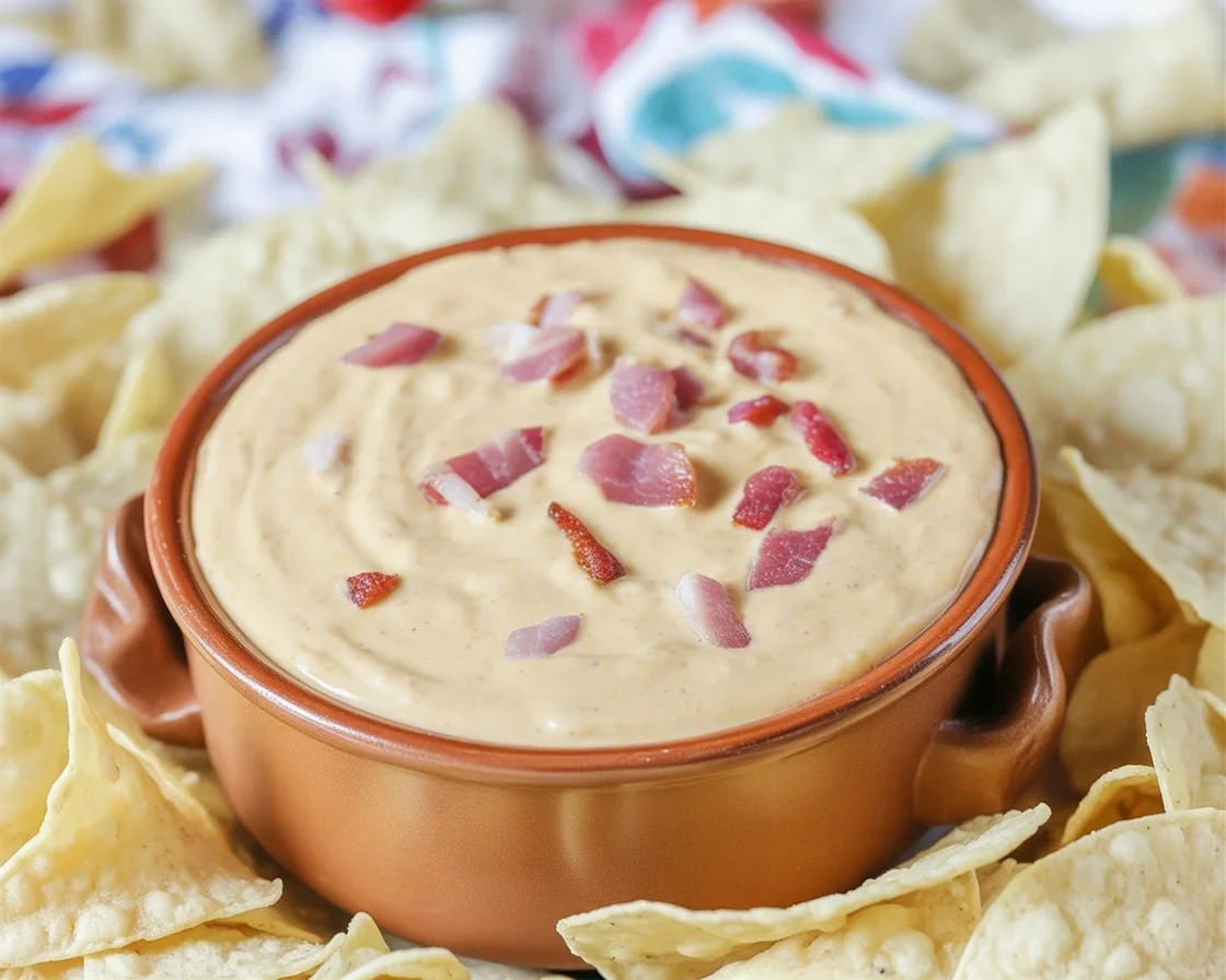 Delicious Sizzling Bacon Cheeseburger Queso Dip served with tortilla chips