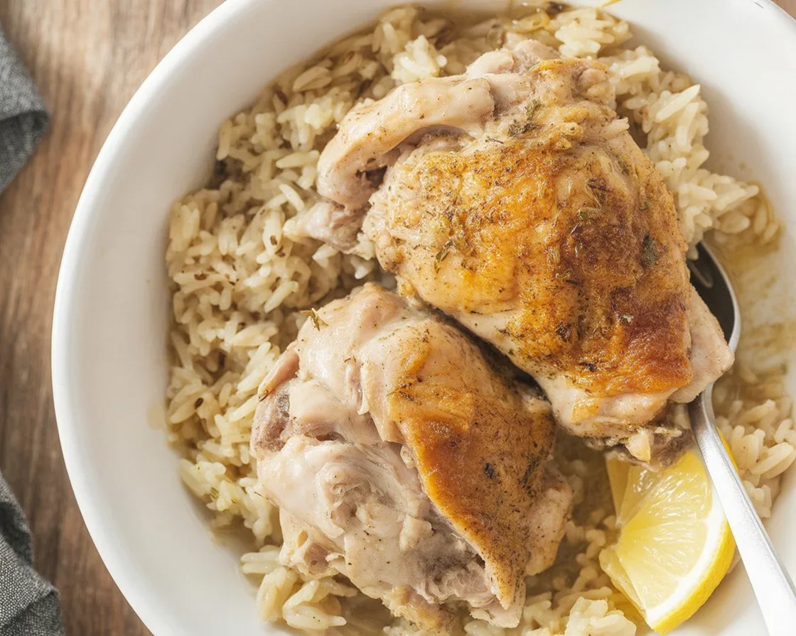 Slow Cooker Lemon Herb Chicken and Rice served in a bowl with fresh herbs.