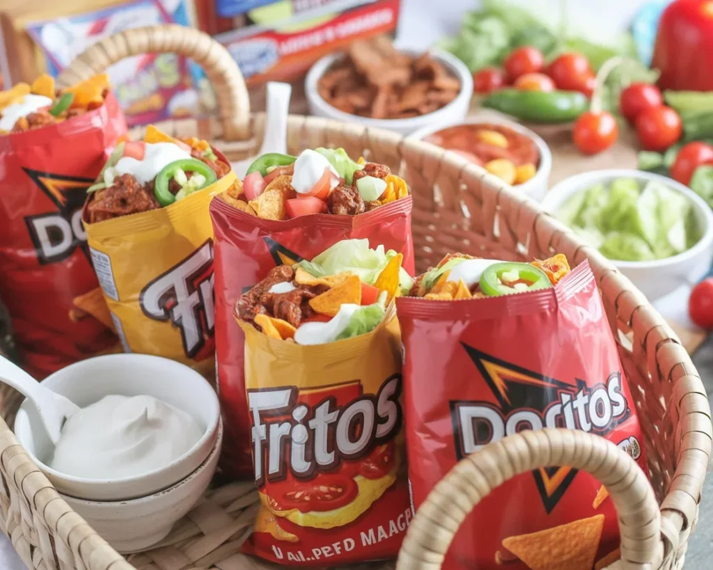 A DIY Walking Taco Bar setup with chips, ground beef, and various toppings.