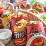 A DIY Walking Taco Bar setup with chips, ground beef, and various toppings.