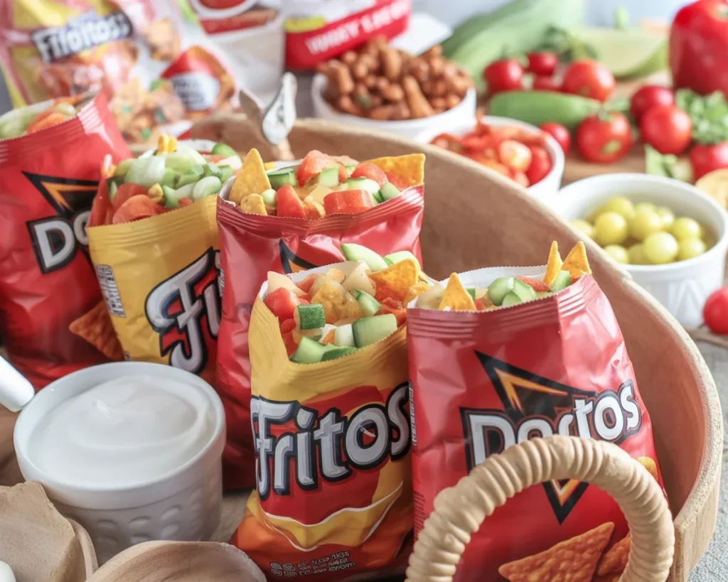 Fun and colorful walking taco bar with various toppings and bags of chips.