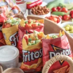 Fun and colorful walking taco bar with various toppings and bags of chips.