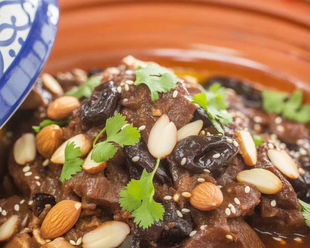 Traditional Moroccan beef and prune tagine served with spices and aromatic flavors.