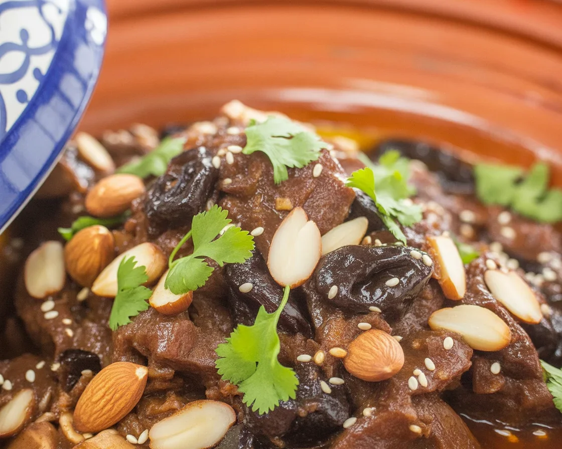 Traditional Moroccan beef and prune tagine served with spices and aromatic flavors.