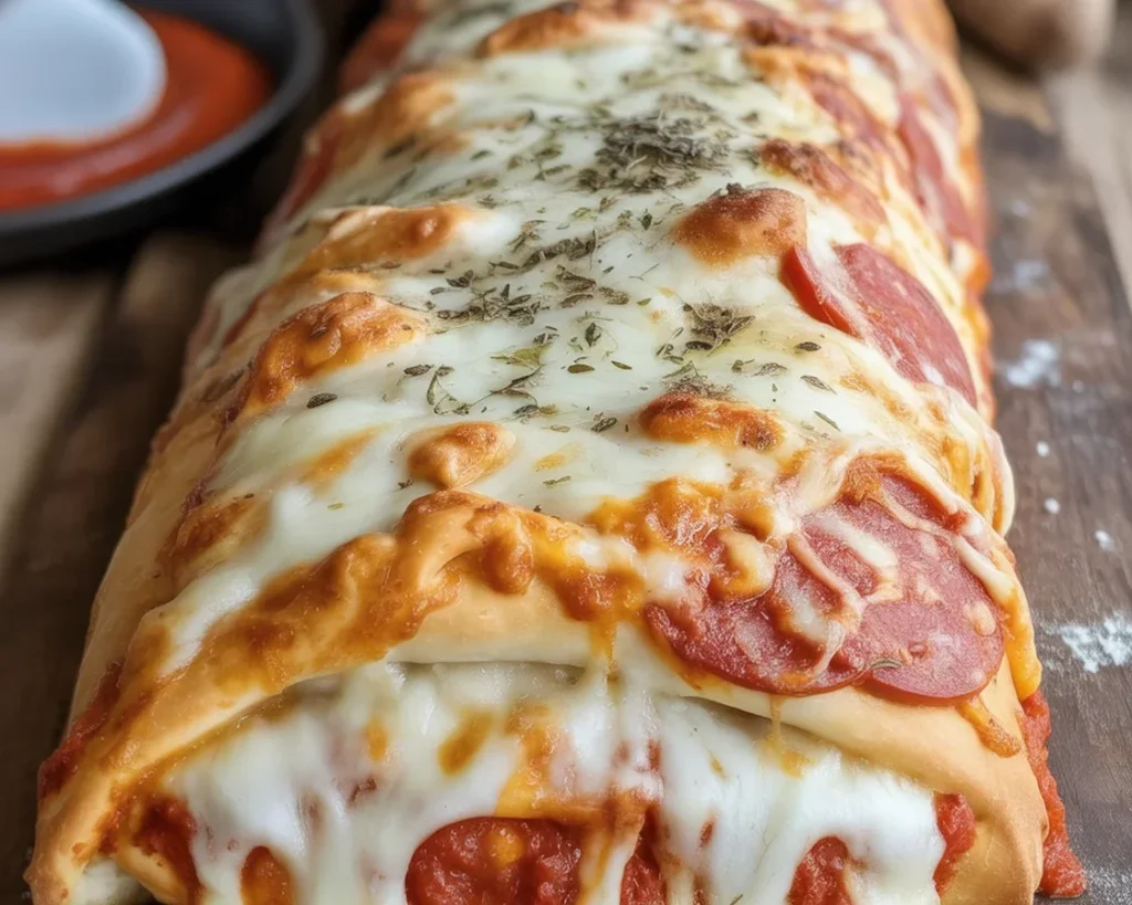 Delicious Cheesy Pepperoni Stromboli with melted cheese and pepperoni, served with dipping sauce.