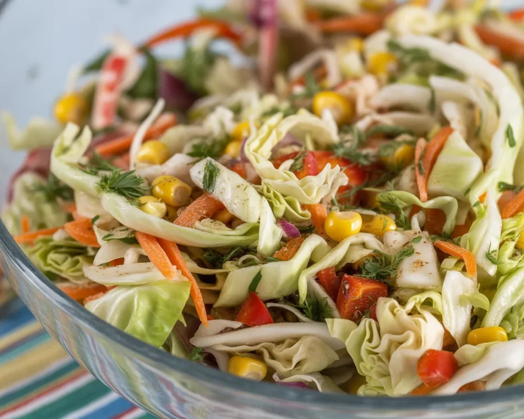 A vibrant Southwest Cabbage Salad with fresh veggies and black beans in a creamy dressing.