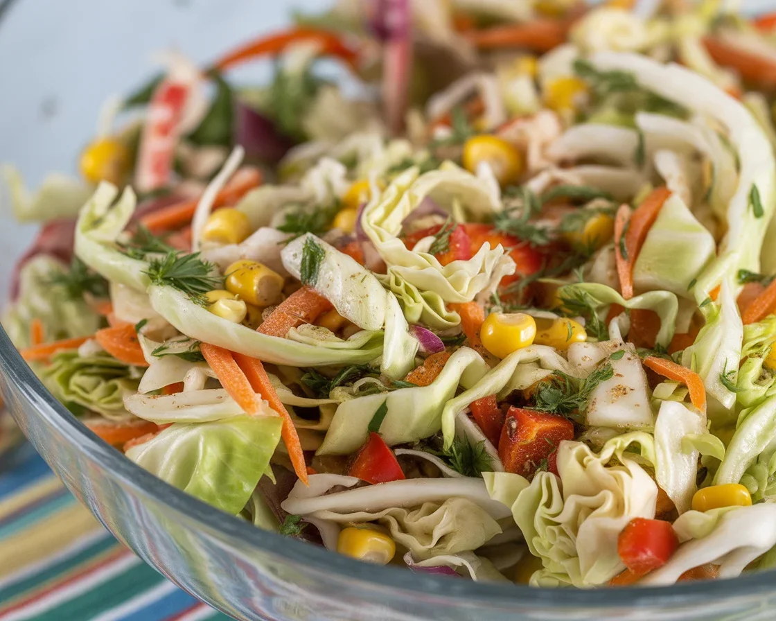 A vibrant Southwest Cabbage Salad with fresh veggies and black beans in a creamy dressing.