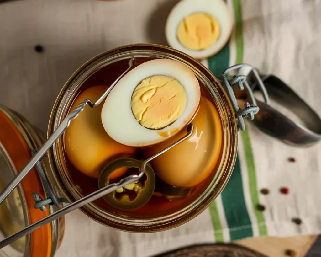 Zesty spicy pickled eggs in a jar with jalapeño slices and spices