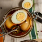 Zesty spicy pickled eggs in a jar with jalapeño slices and spices