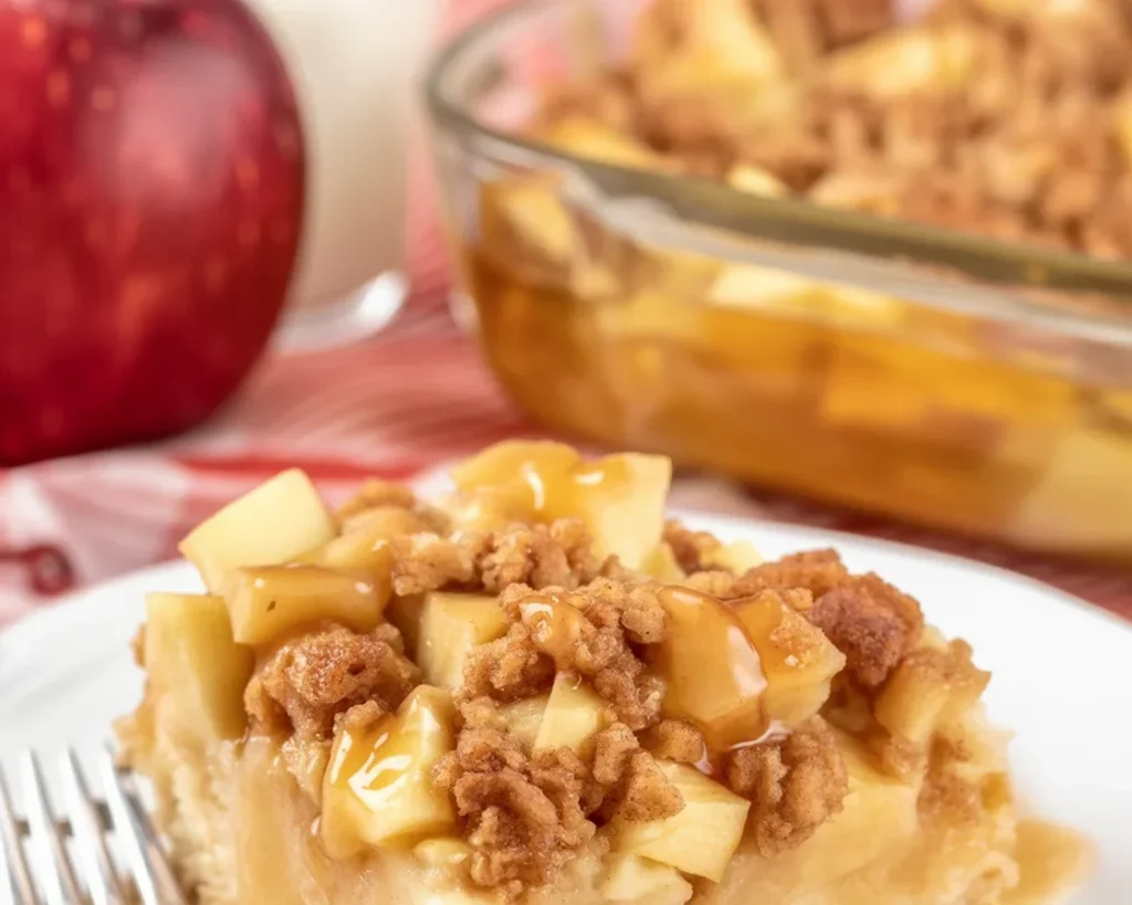 Delicious Apple Cinnamon French Toast Casserole with sautéed apples and streusel topping.