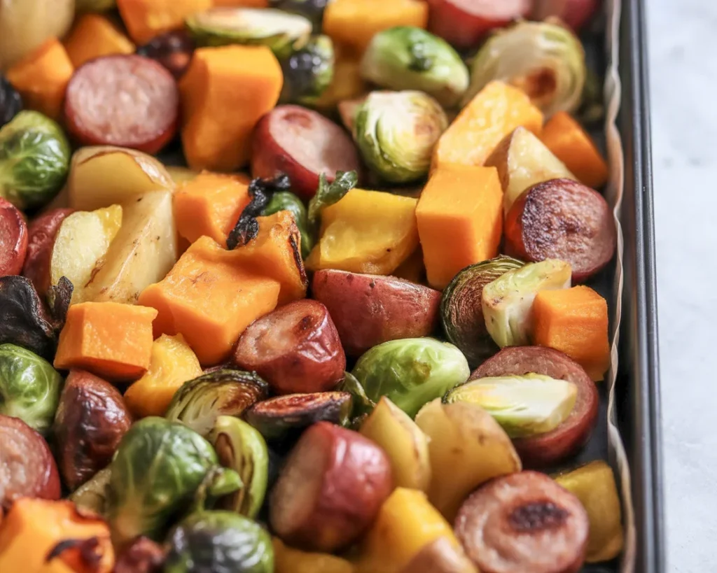 Autumn Harvest Sheet Pan Dinner with chicken sausage, veggies, and maple mustard sauce.