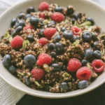 Colorful Berry Quinoa with Feta salad featuring fresh herbs and a vibrant dressing.