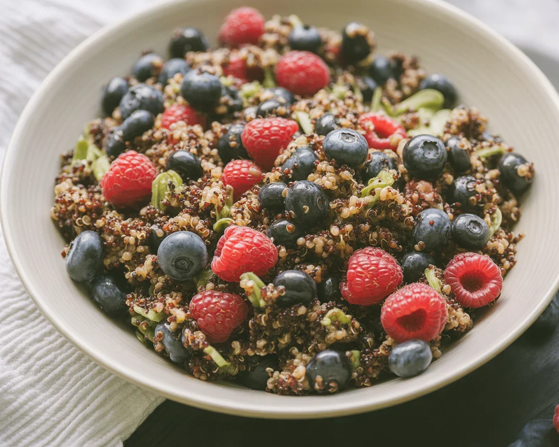 Colorful Berry Quinoa with Feta salad featuring fresh herbs and a vibrant dressing.