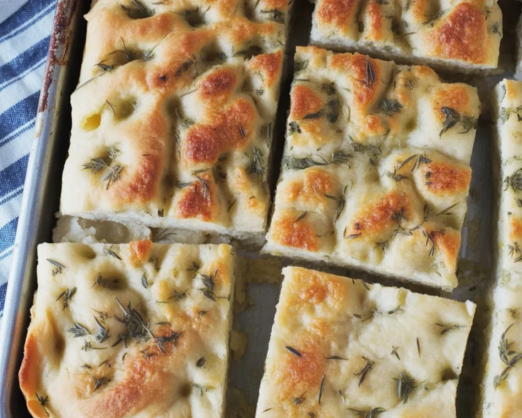 A freshly baked Garlic Parmesan Focaccia topped with olive oil and herbs.