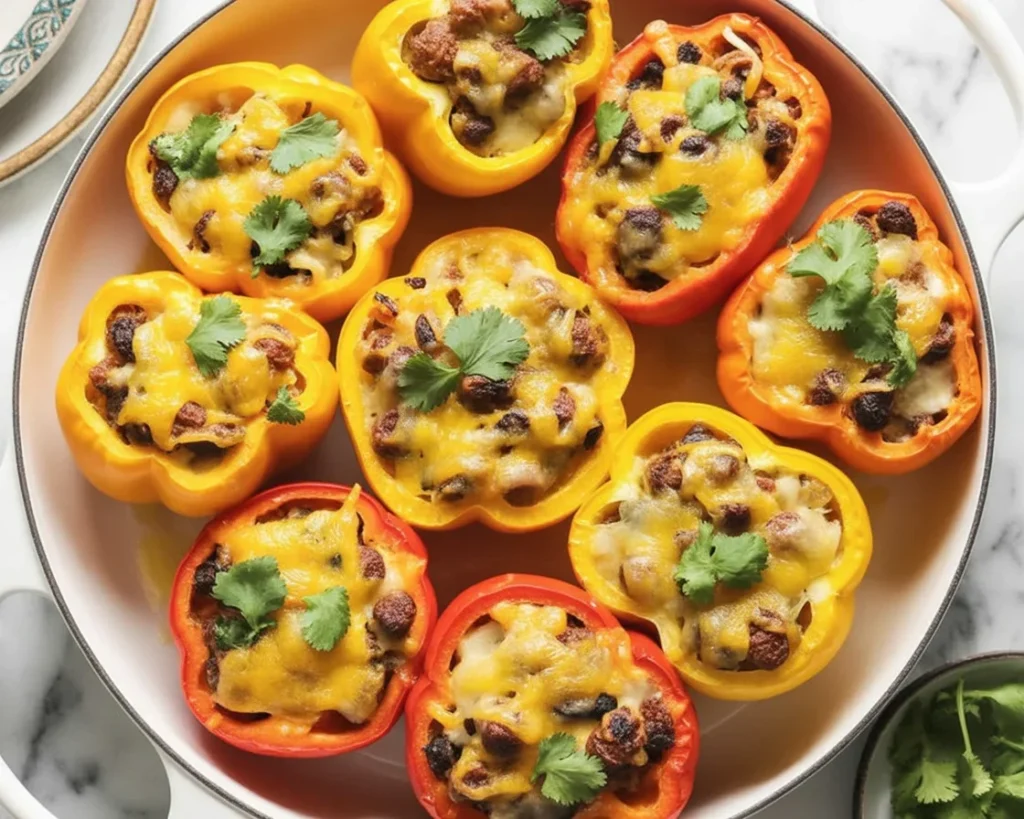 Colorful Black Bean and Corn Stuffed Peppers baked and topped with cheese.