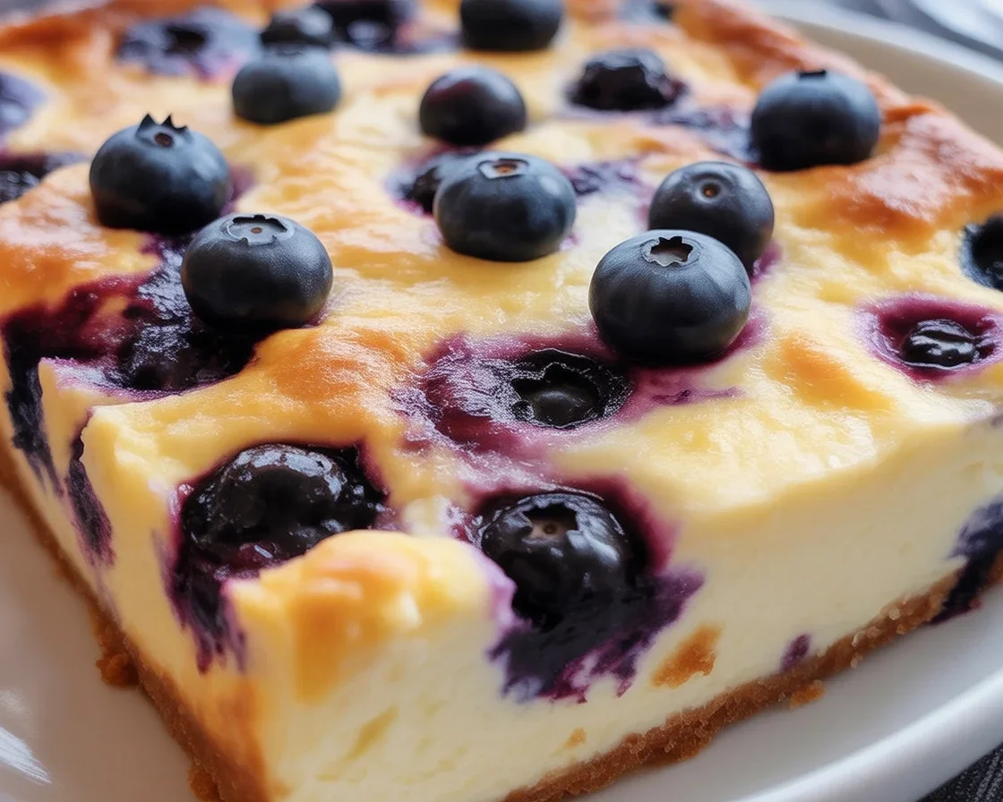 Blueberry Cottage Cheese Breakfast Bake topped with fresh blueberries and oats