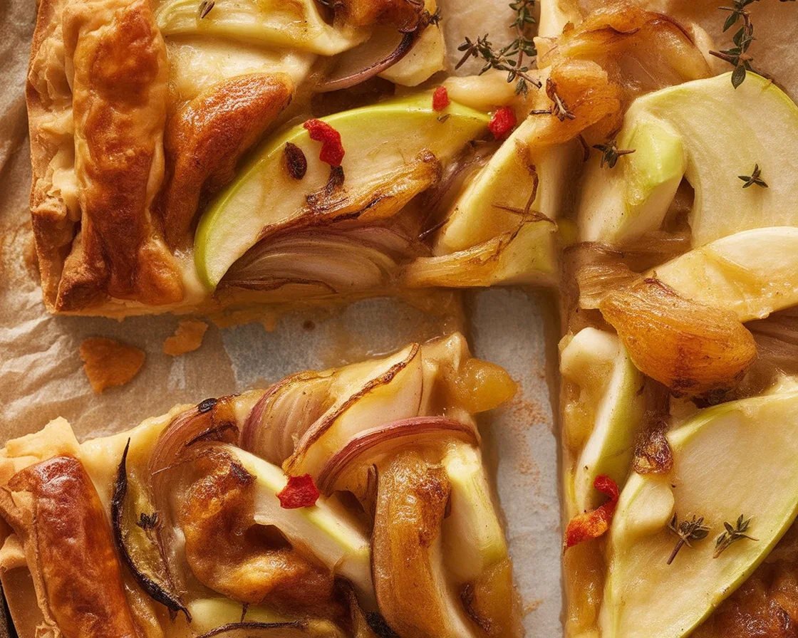 Caramelized Onion and Apple Tart with cheese and herbs on a flaky pastry crust.