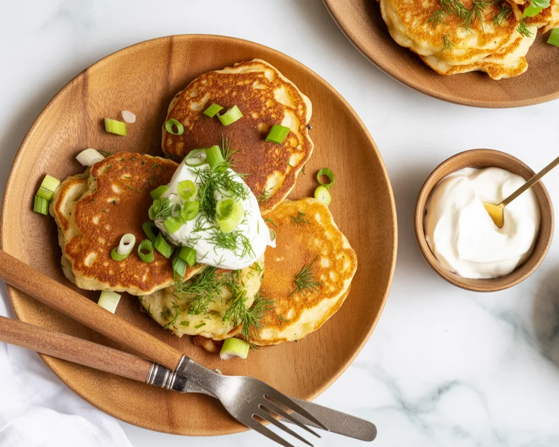 Delicious Carrot & Dill Savory Pancakes served with yogurt and fresh herbs.