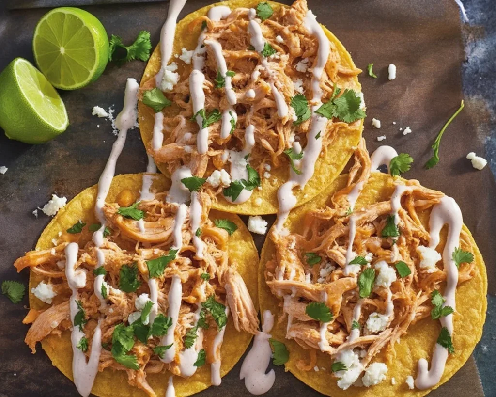 Chicken Tinga Tostadas topped with shredded lettuce, cheese, and salsa