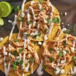 Chicken Tinga Tostadas topped with shredded lettuce, cheese, and salsa