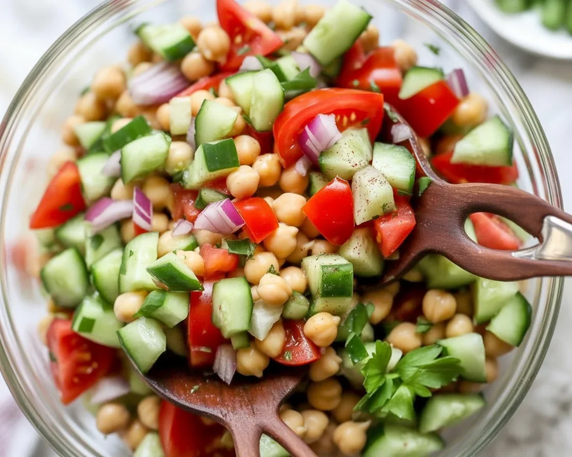 Chickpea and Cucumber Salad with feta, red onion, and fresh herbs in a bowl.