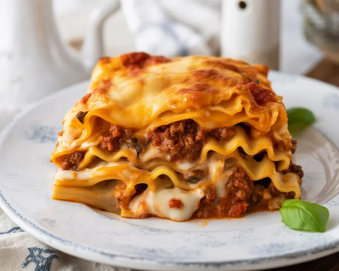 Classic Bolognese Lasagna with Creamy Bechamel Sauce and Fresh Salad served