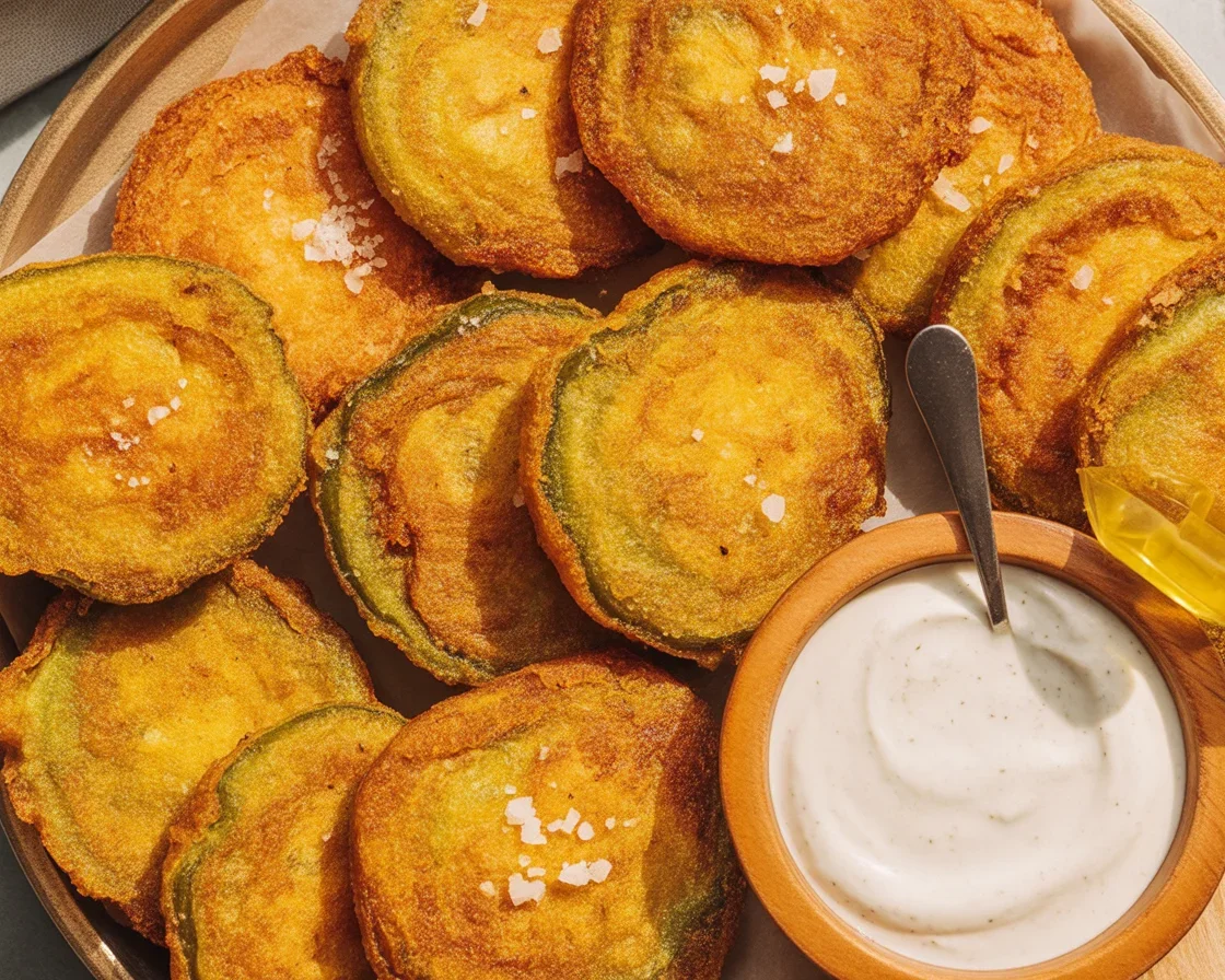 Plate of crispy Southern Fried Green Tomatoes served with dipping sauce.