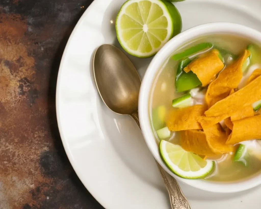 Cold sopa de lima, a refreshing Mexican lime soup garnished with avocado.