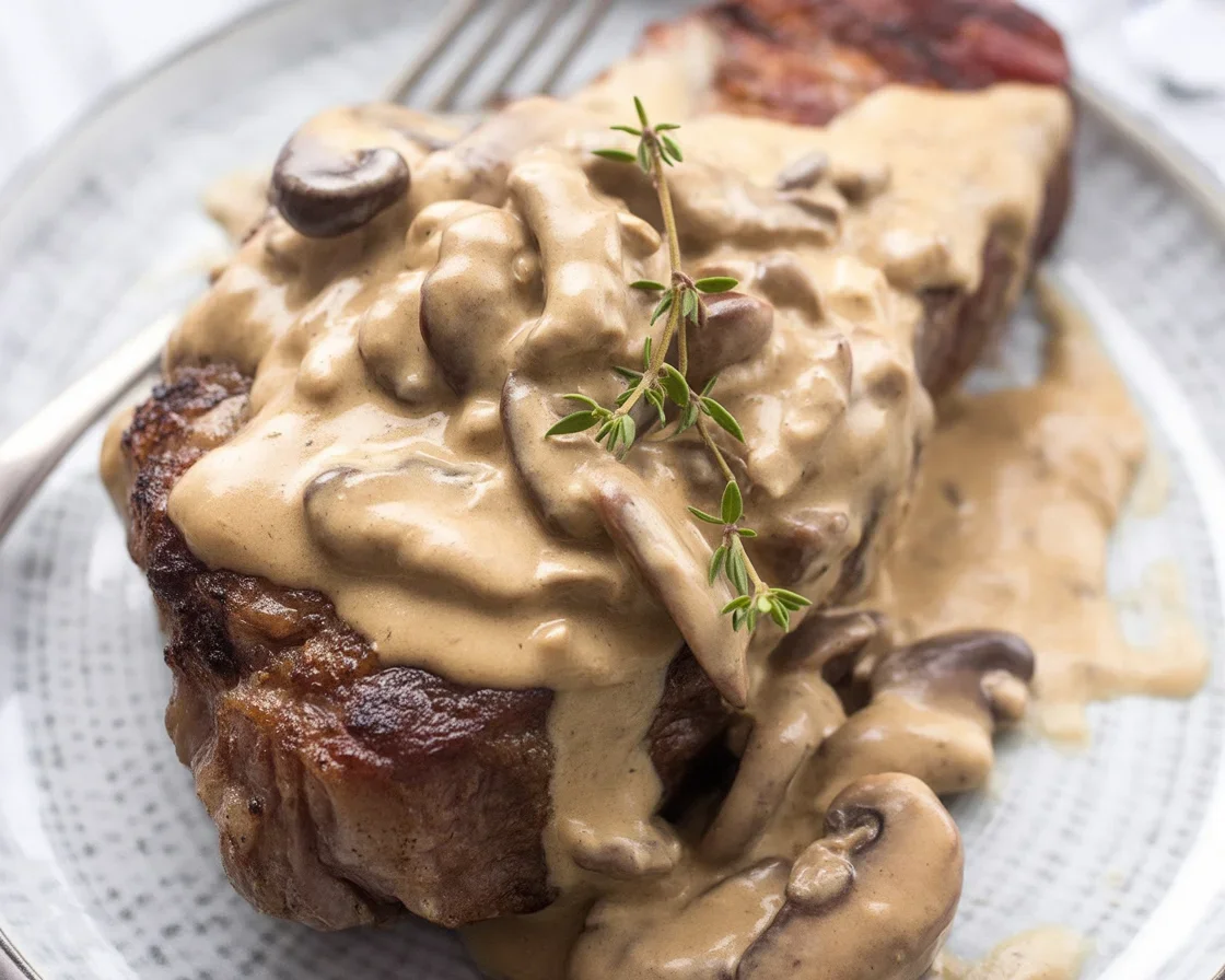 Creamy mushroom gravy served over grilled steak for a delicious BBQ dish.