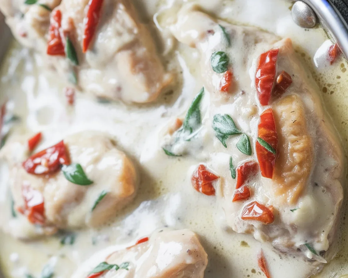 Creamy Parmesan Chicken Breasts with Sun-Dried Tomatoes and Garlic served in a skillet.