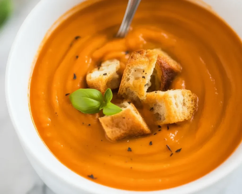 Creamy Tomato Basil Soup served in a bowl with fresh basil leaves on top
