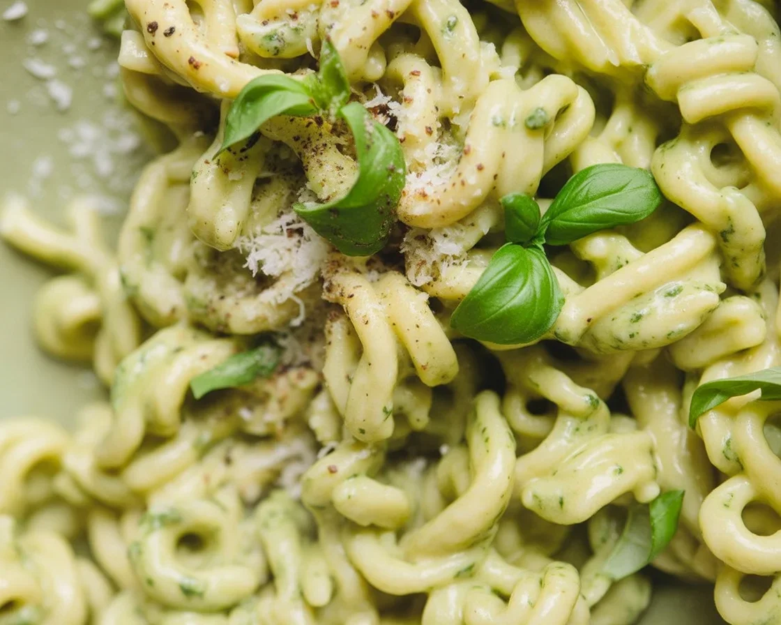 Creamy zucchini pasta served with garlic and Parmesan cheese.
