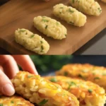Crispy Golden Rice and Potato Patties with Creamy Garlic-Dill Sauce served on a plate