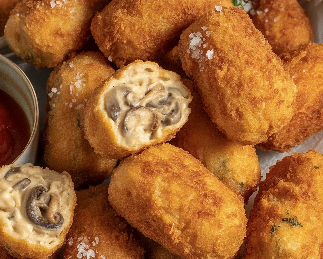 Crispy Potato and Mushroom Croquettes served on a plate, garnished with herbs.