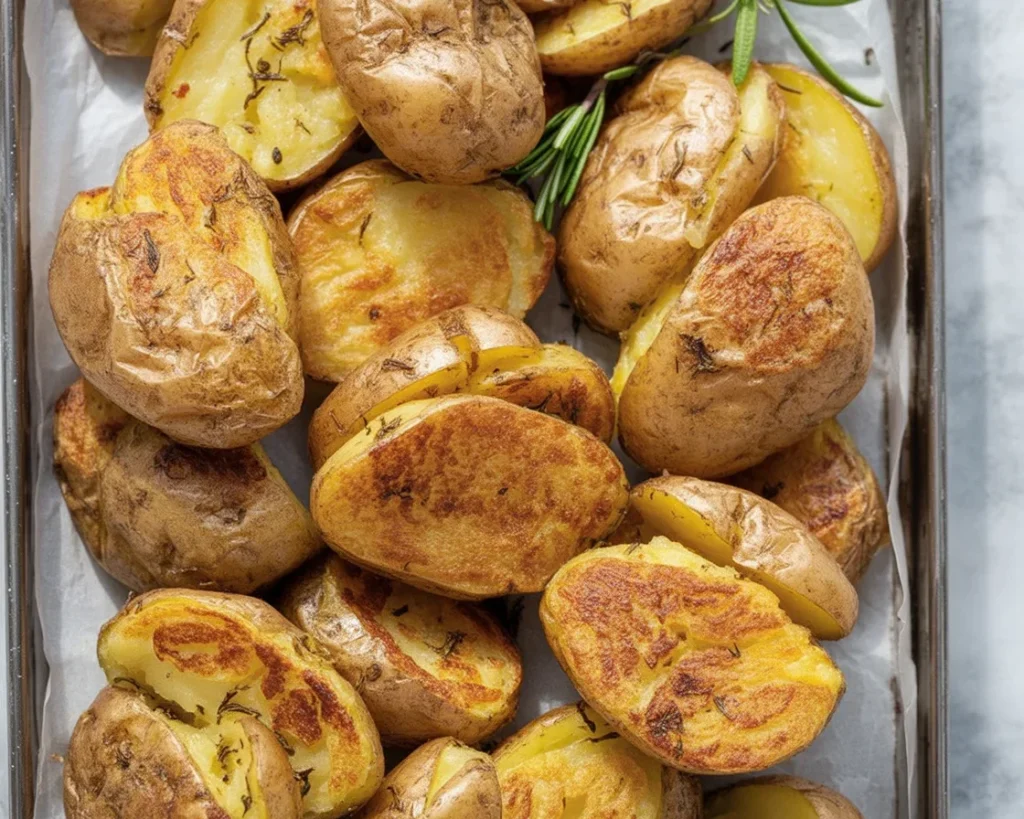 Crispy Rosemary Garlic Smashed Potatoes garnished with fresh herbs.