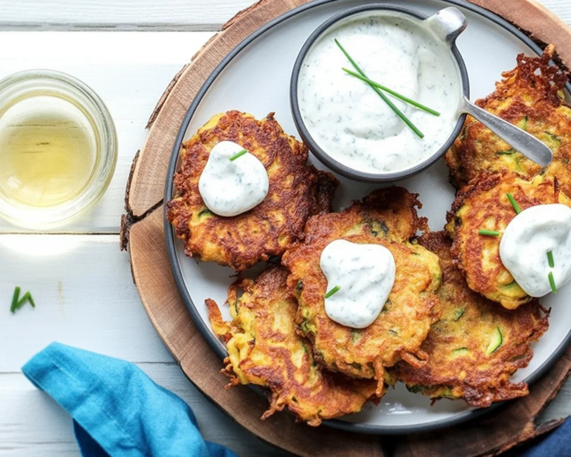 Crispy Zucchini Fritters topped with fresh garden herbs and served with herbed sour cream sauce.