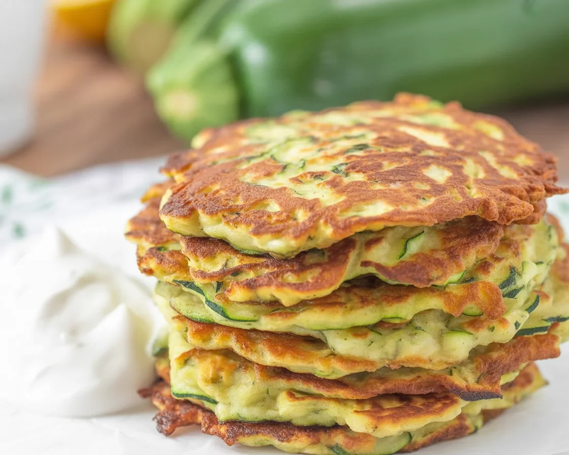 Crispy Zucchini Potato Pancakes served with sour cream and garnished with herbs.
