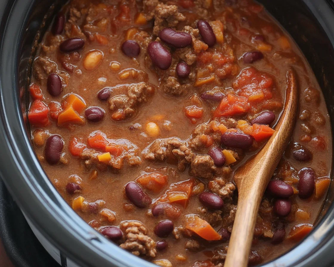 Bowl of thick and hearty Crockpot Beef Chili with beans and spices.