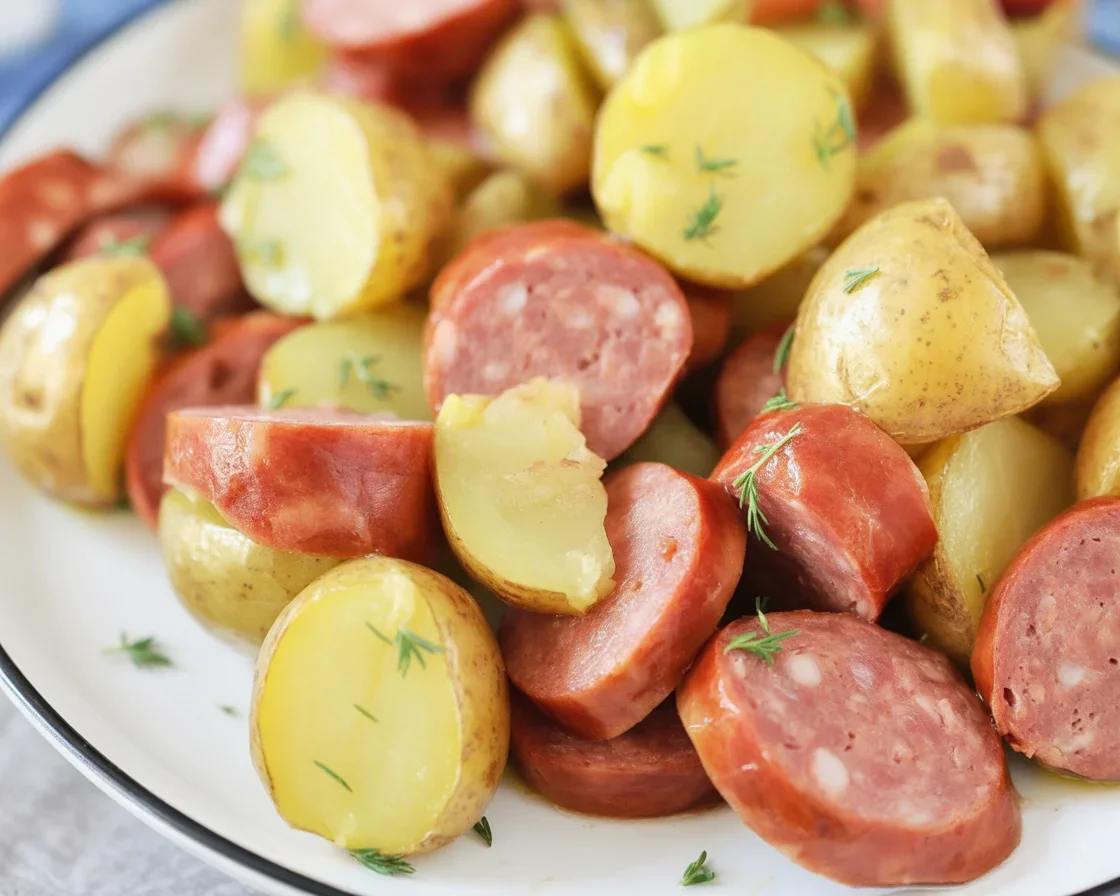 Air Fryer Sausage and Potatoes dish with golden baby potatoes and sausage.