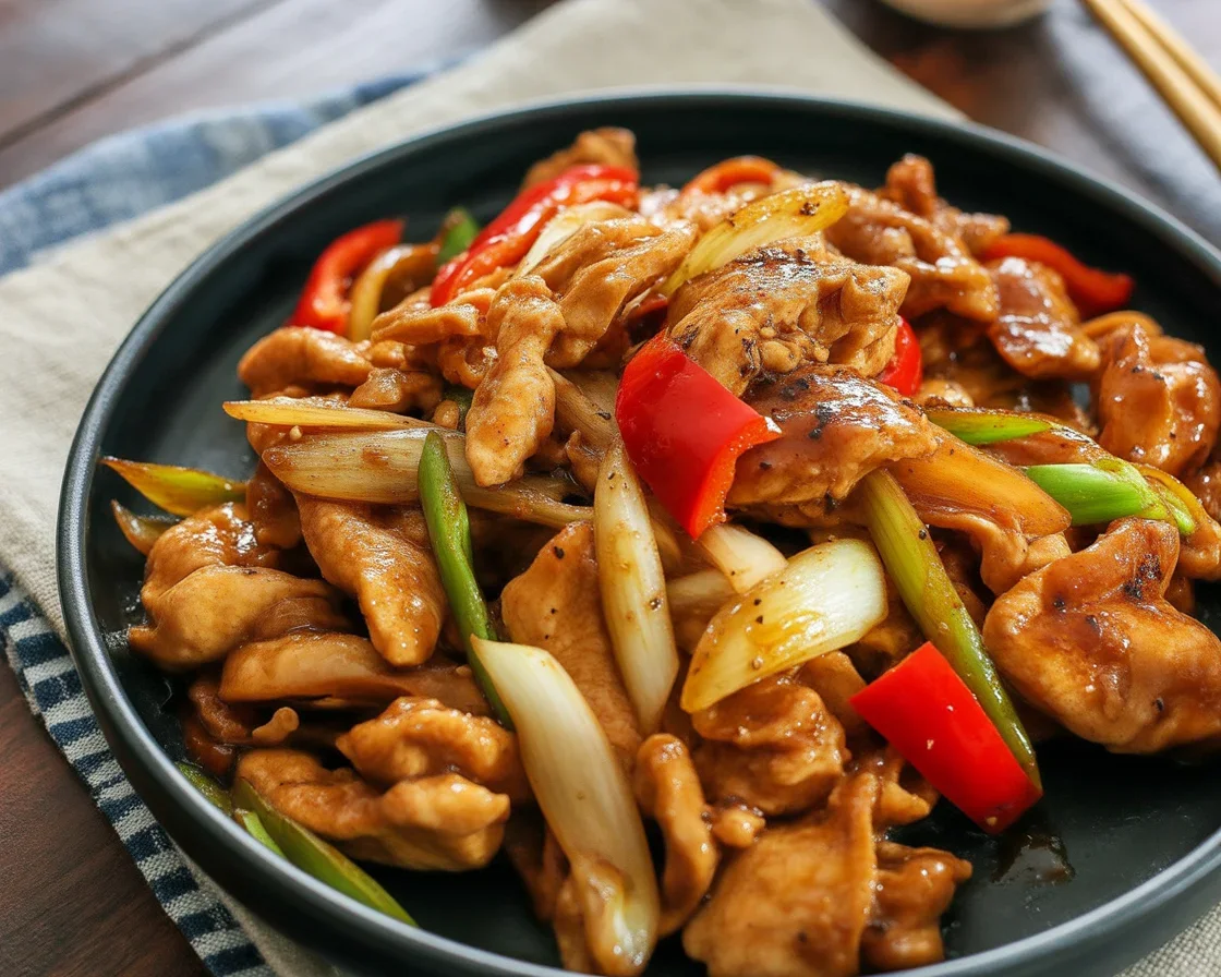 Delicious homemade Black Pepper Chicken served with rice and vegetables