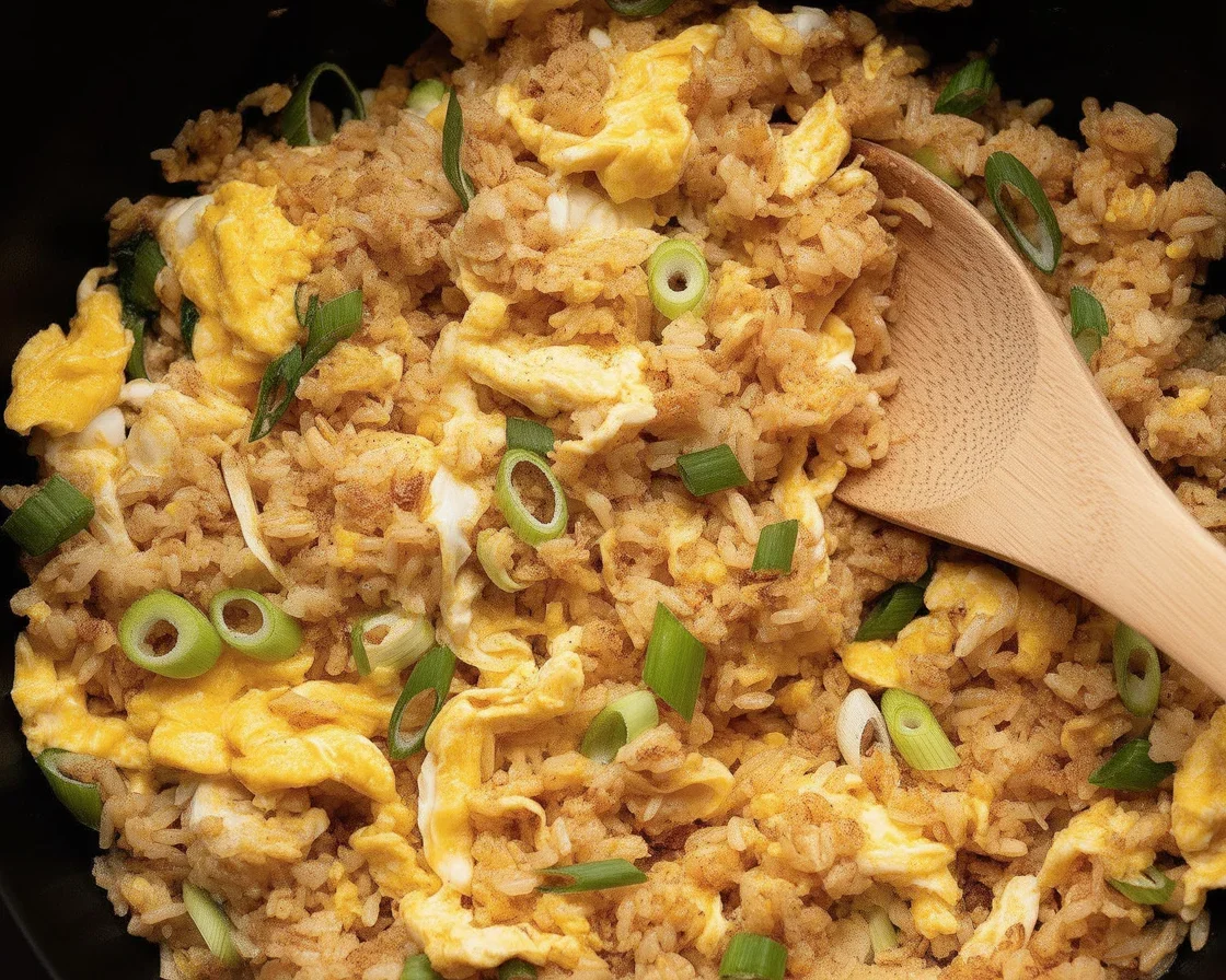 Delicious Hibachi Fried Rice served in a bowl, topped with green onions and healthy ingredients.