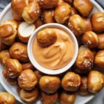 Freshly baked soft pretzel bites served with cheese dip