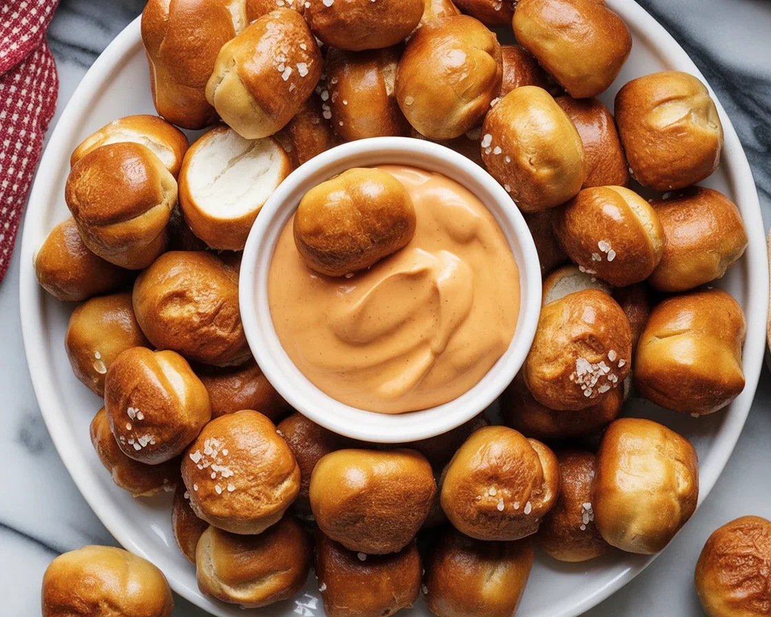 Freshly baked soft pretzel bites served with cheese dip