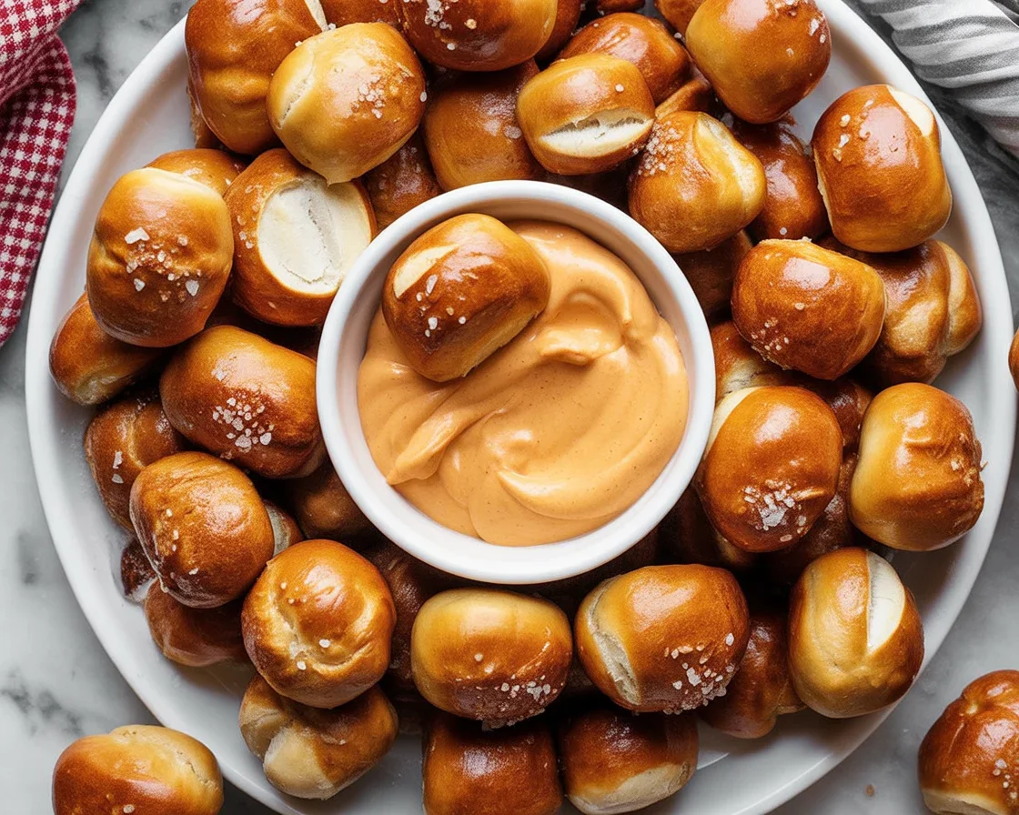 Delicious homemade Soft Pretzel Bites served with cheese sauce.