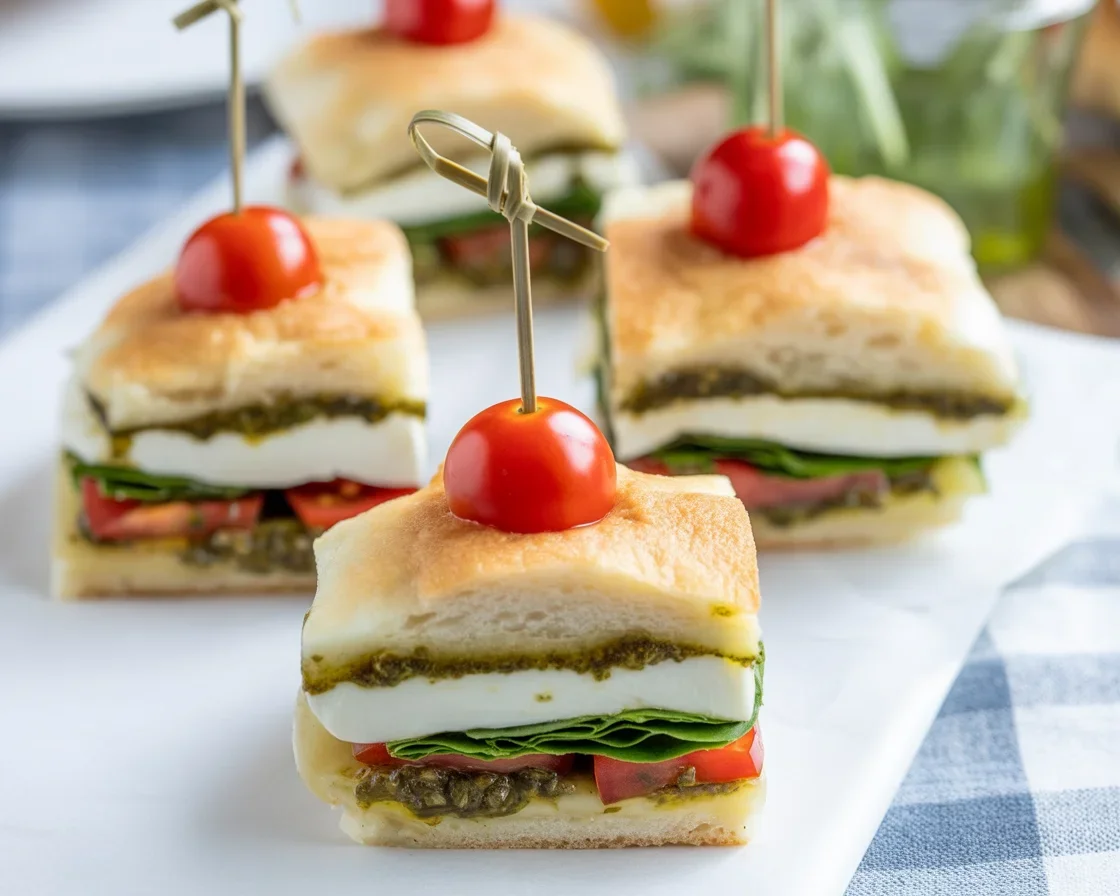 Delicious Italian Caprese Sandwich with Basil Pesto, fresh mozzarella, and tomatoes.