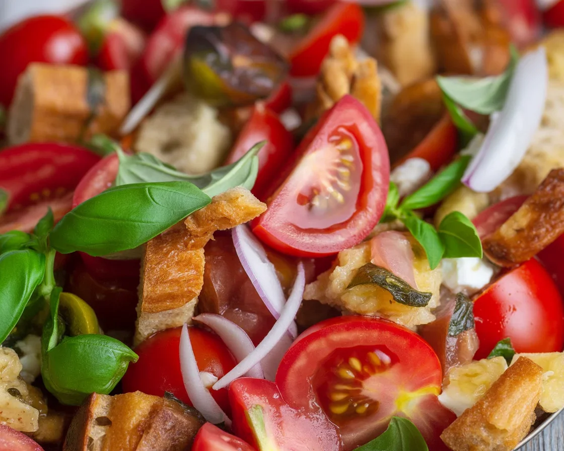 Classic Italian Panzanella Salad with tomatoes, bread, cucumber, and basil.