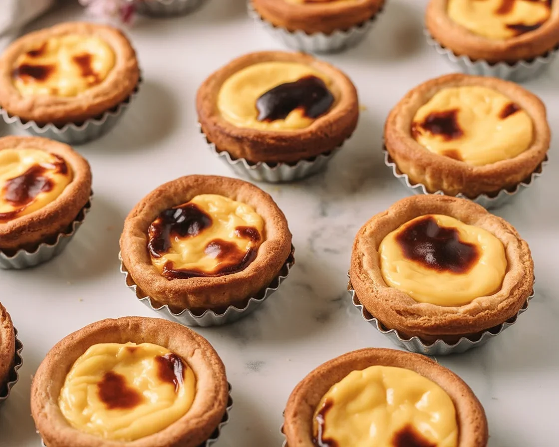 Delicious homemade Portuguese Custard Tarts (pastéis de nata) on a rustic wooden table.