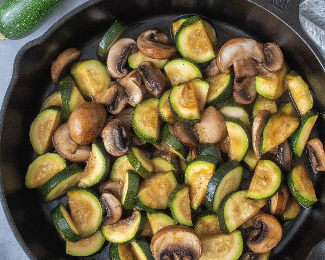 Delicious sautéed mushrooms and zucchini with butter and garlic in a skillet