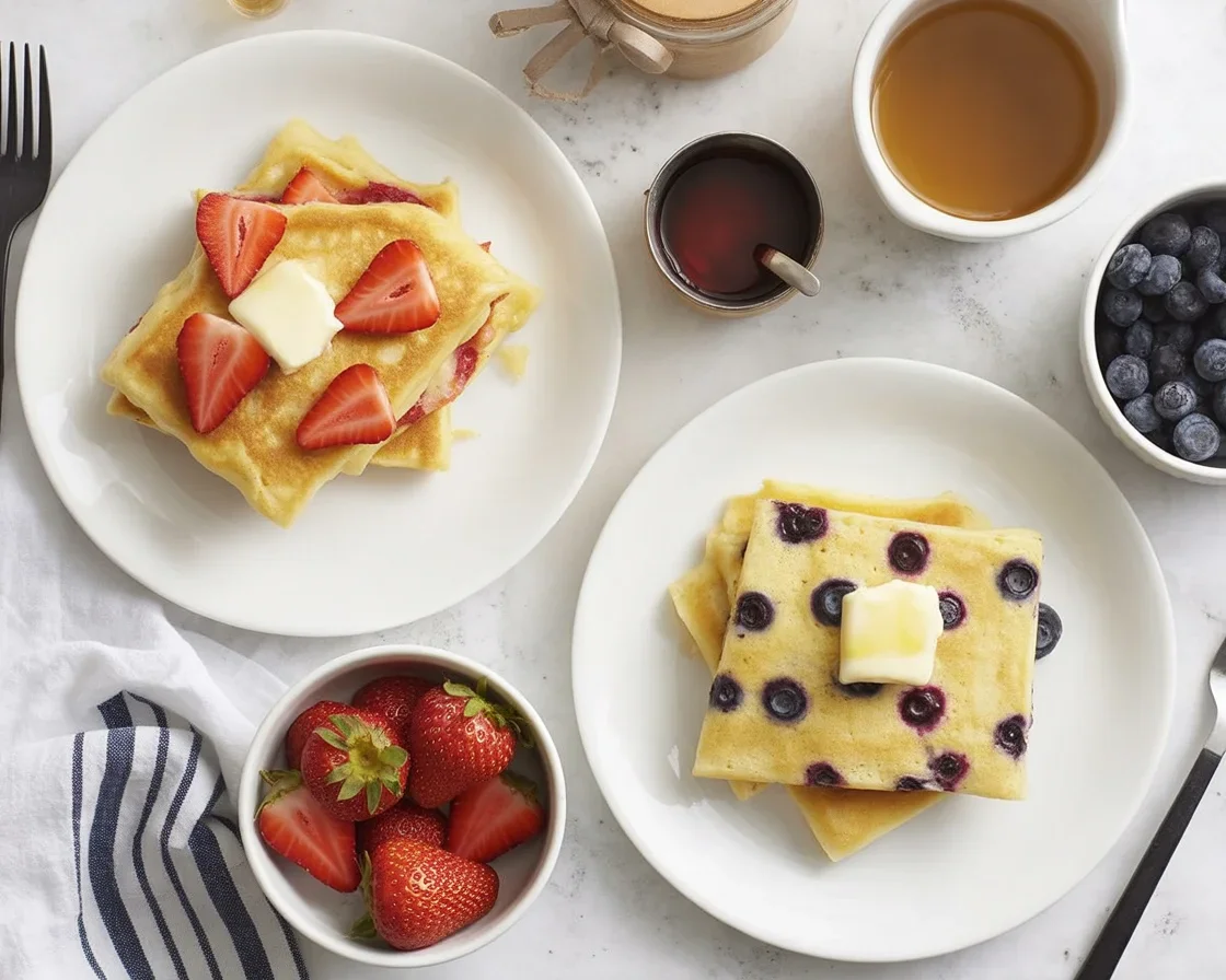 A delicious batch of fluffy sheet pan pancakes topped with berries.